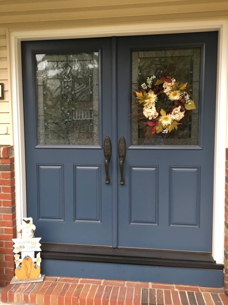 Teal Double Front Doors with Wreaths