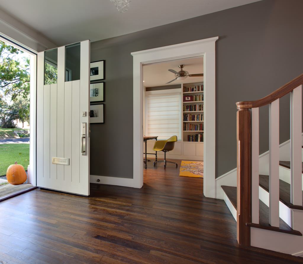 Dark Wood Floors with Sculpted White Trim