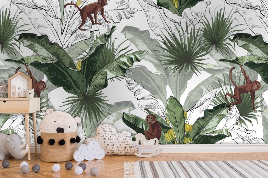 Leafy Wallpaper with Sculpted Baseboard