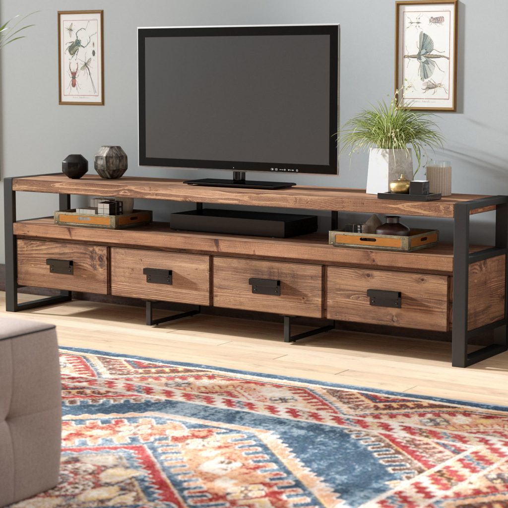 Metal Tv Stands You'll Love | Wayfair throughout Gunmetal Perforated Brass Media Console Tables