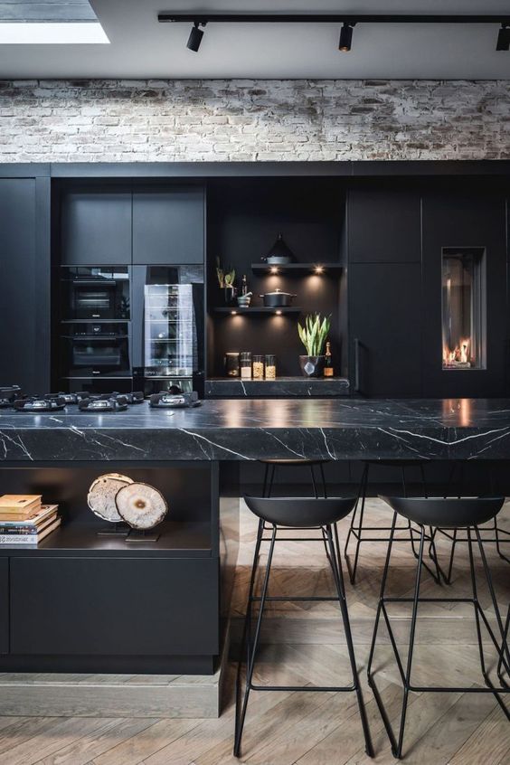 Black Kitchen Cabinets with Marble
