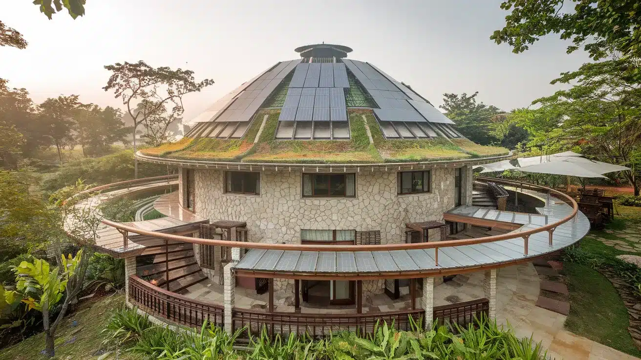 Dome-shaped_eco-house_with_Solar_Panels_and_Green_Roofing