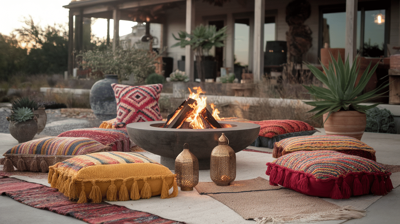 Boho-Themed_Firepit_with_Fabric_Decor