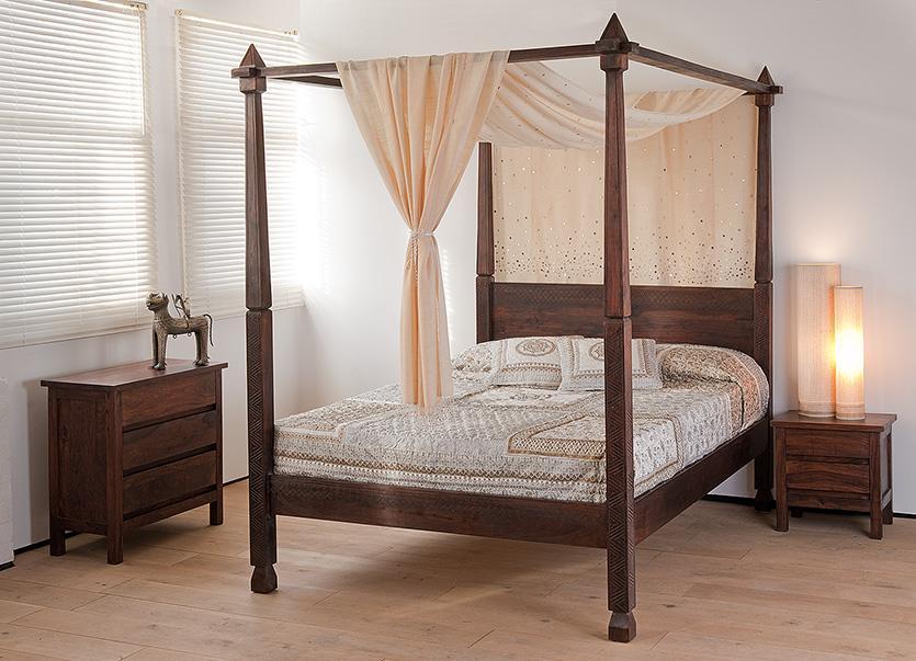 Dark Stained Wood Canopy for King Size Bed