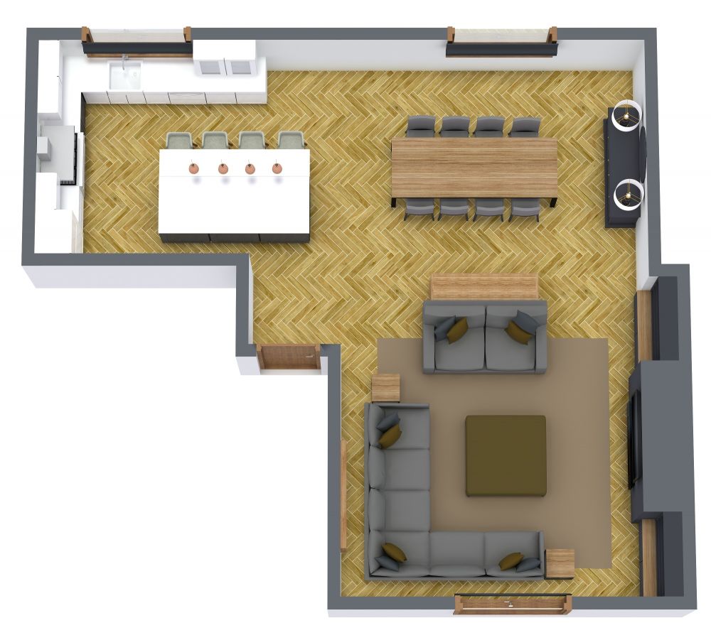 Devise an open-plan kitchen floorplan
