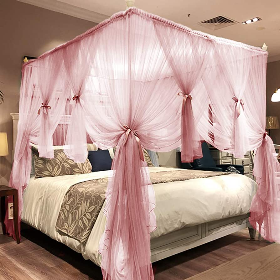 King Size Canopy Bed with Pink Curtains