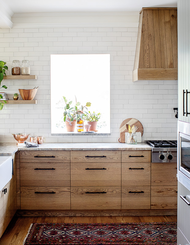 Wooden Cabinets on Subway Tile Wall