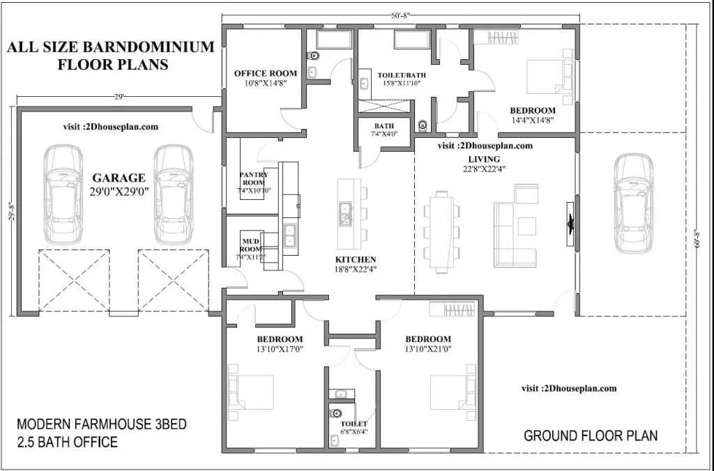 3-Bed Barndominium Farmhouse Layout