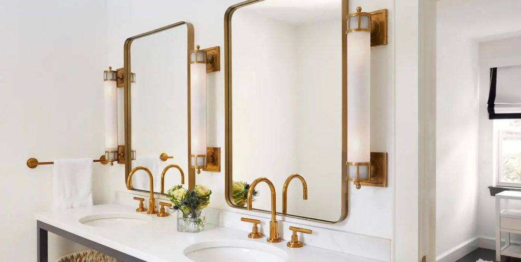 Brass Bathroom Lighting with White Shades