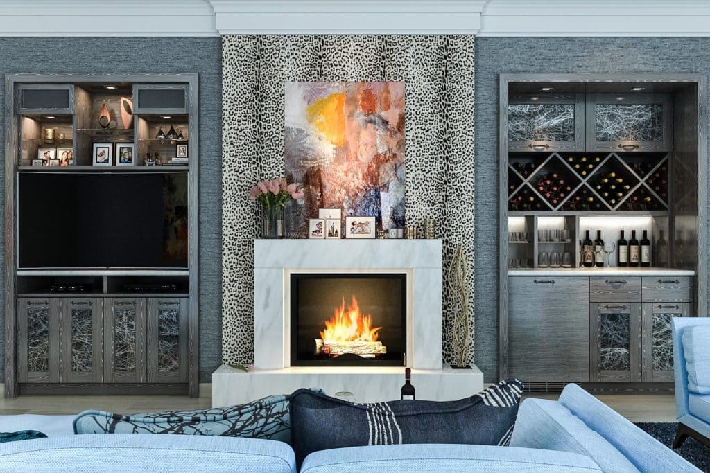 Fireplace Wall with Built-In TV and Wine Rack