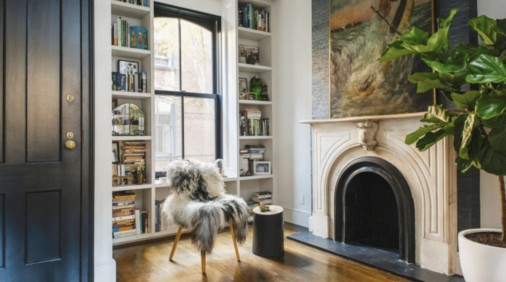 Fireplace and TV as Focal Points of a Reading Nook