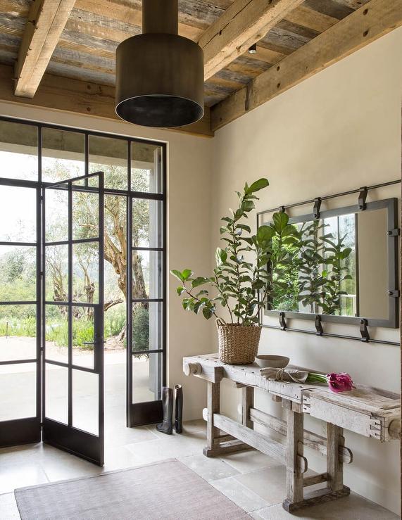Grid Shower Door and Wood Ceiling Beam