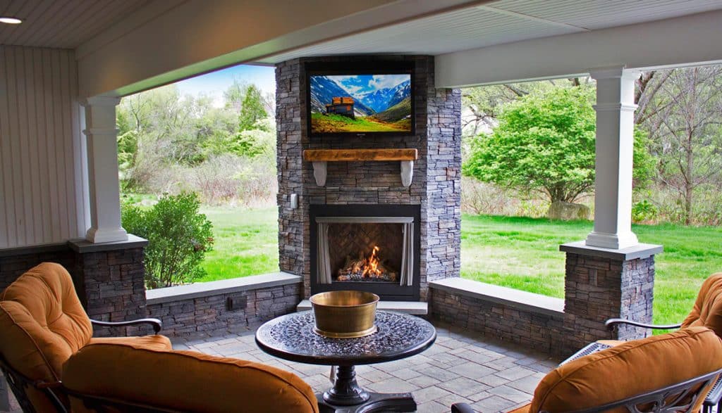 Outdoor Fireplace with Weatherproof TV
