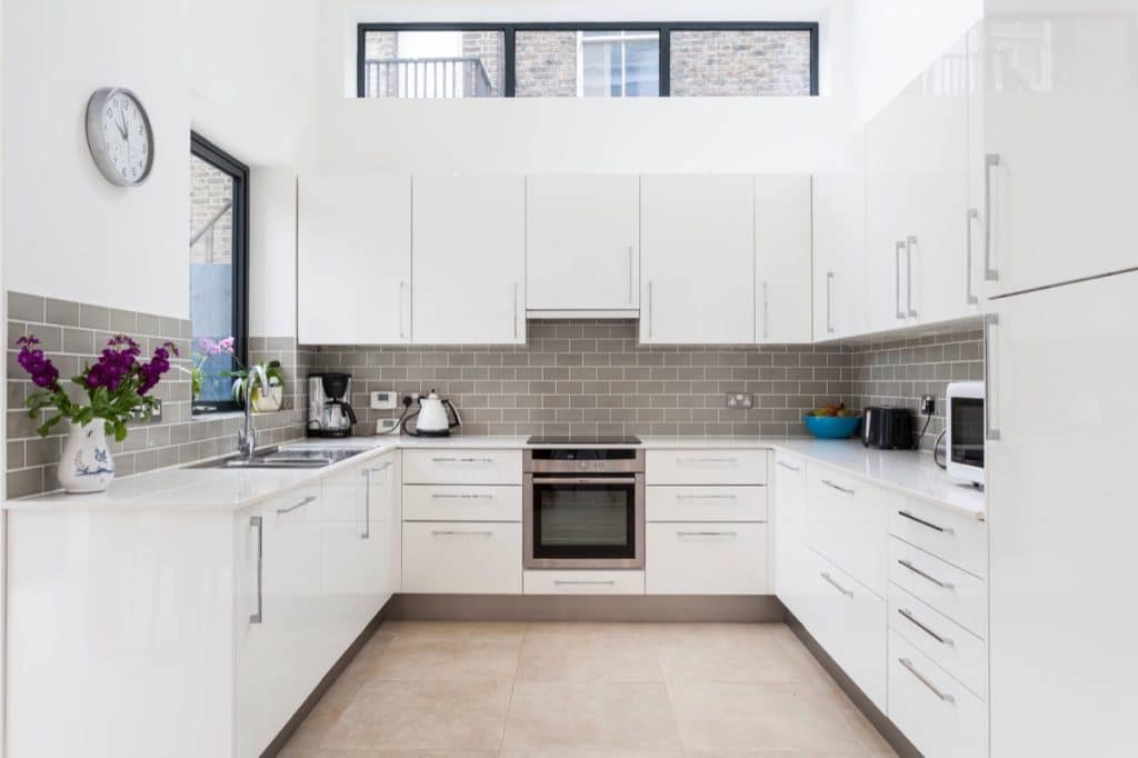 U-shaped Kitchen with White Cabinets