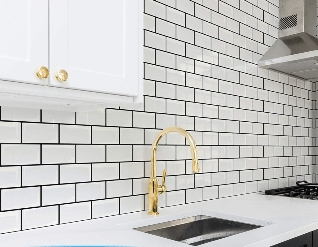 White Staggered Tile With Black Grout
