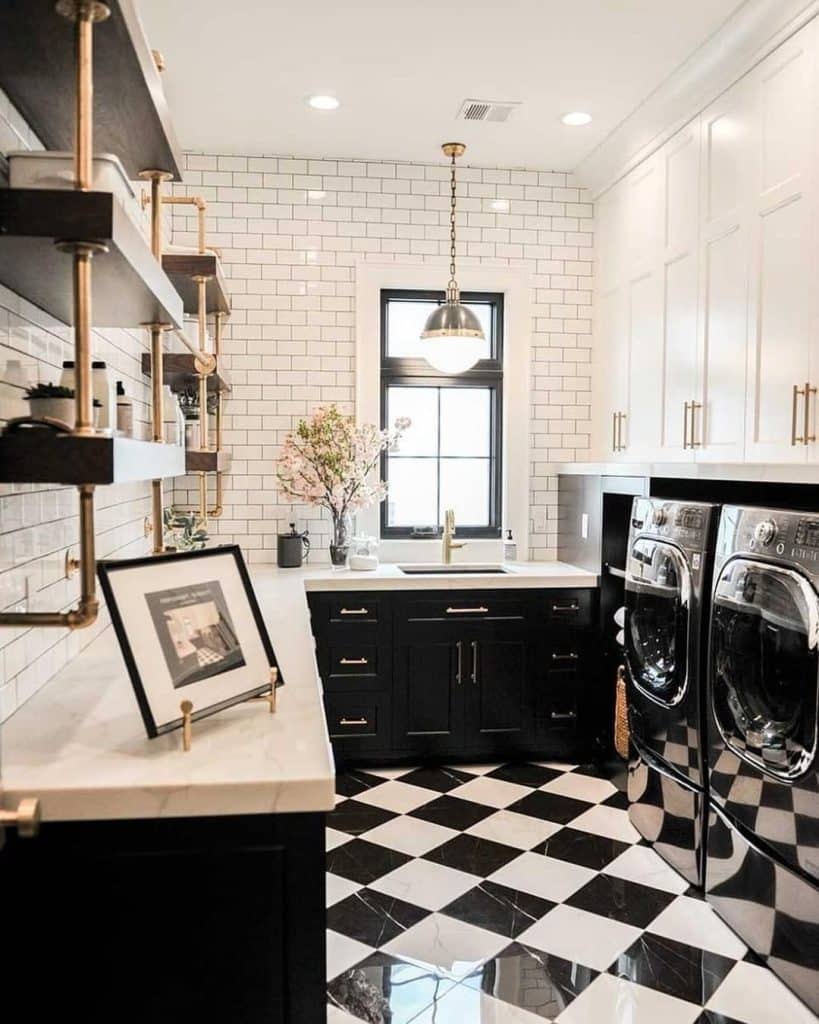 White Subway Tile With Black Grout Laundry Room