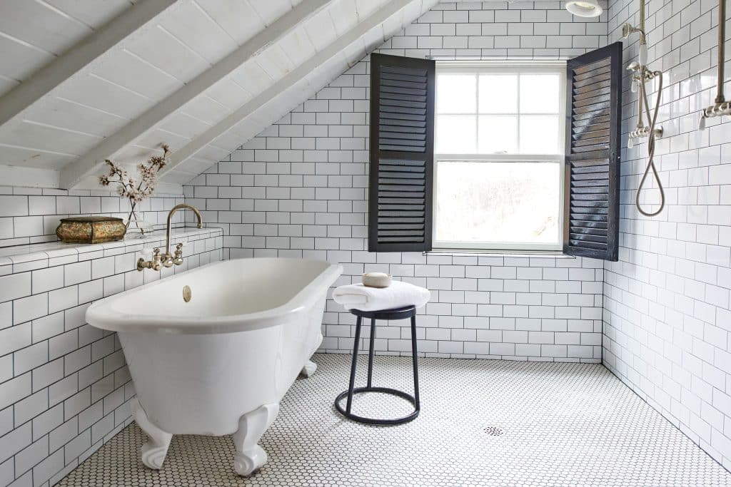 White Subway Tile with Black Grout Bathroom