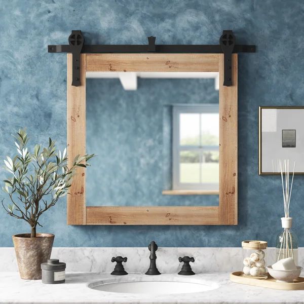 Wood Framed Mirror in Farmhouse Bathroom