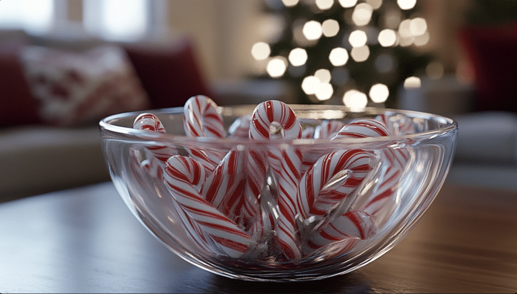 Transparent Bowl with Candy Canes and Peppermints