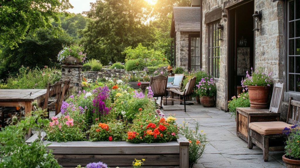 Farmhouse Patio With Raised Flower Beds