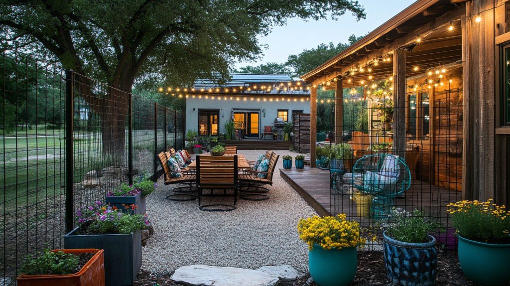 Patio With Wire Fencing And Lights