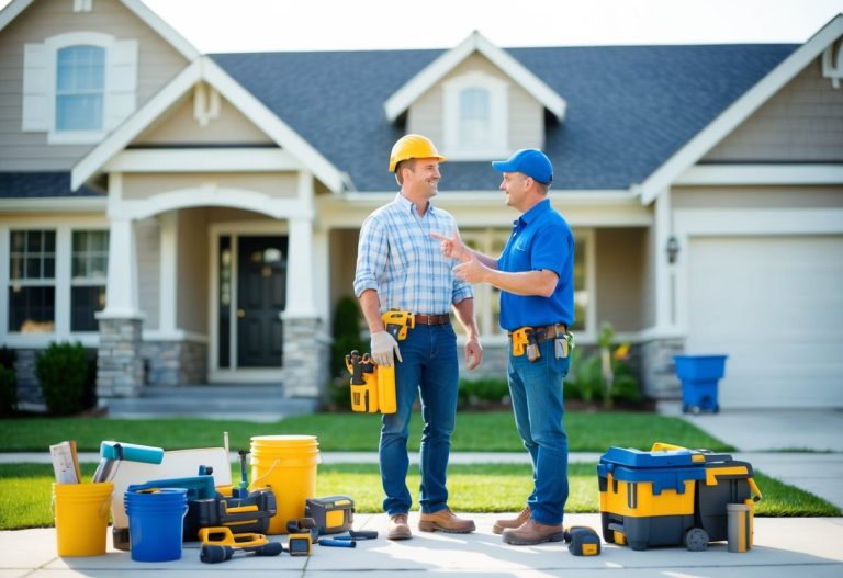 A homeowner standing in front of a house, surrounded by various home improvement tools and materials. A contractor is on the other side of the homeowner, gesturing towards the house