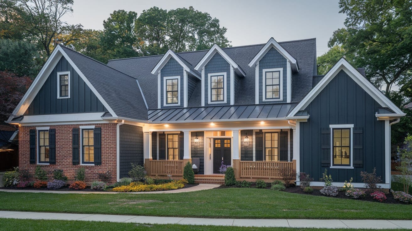 dark blue siding with brick