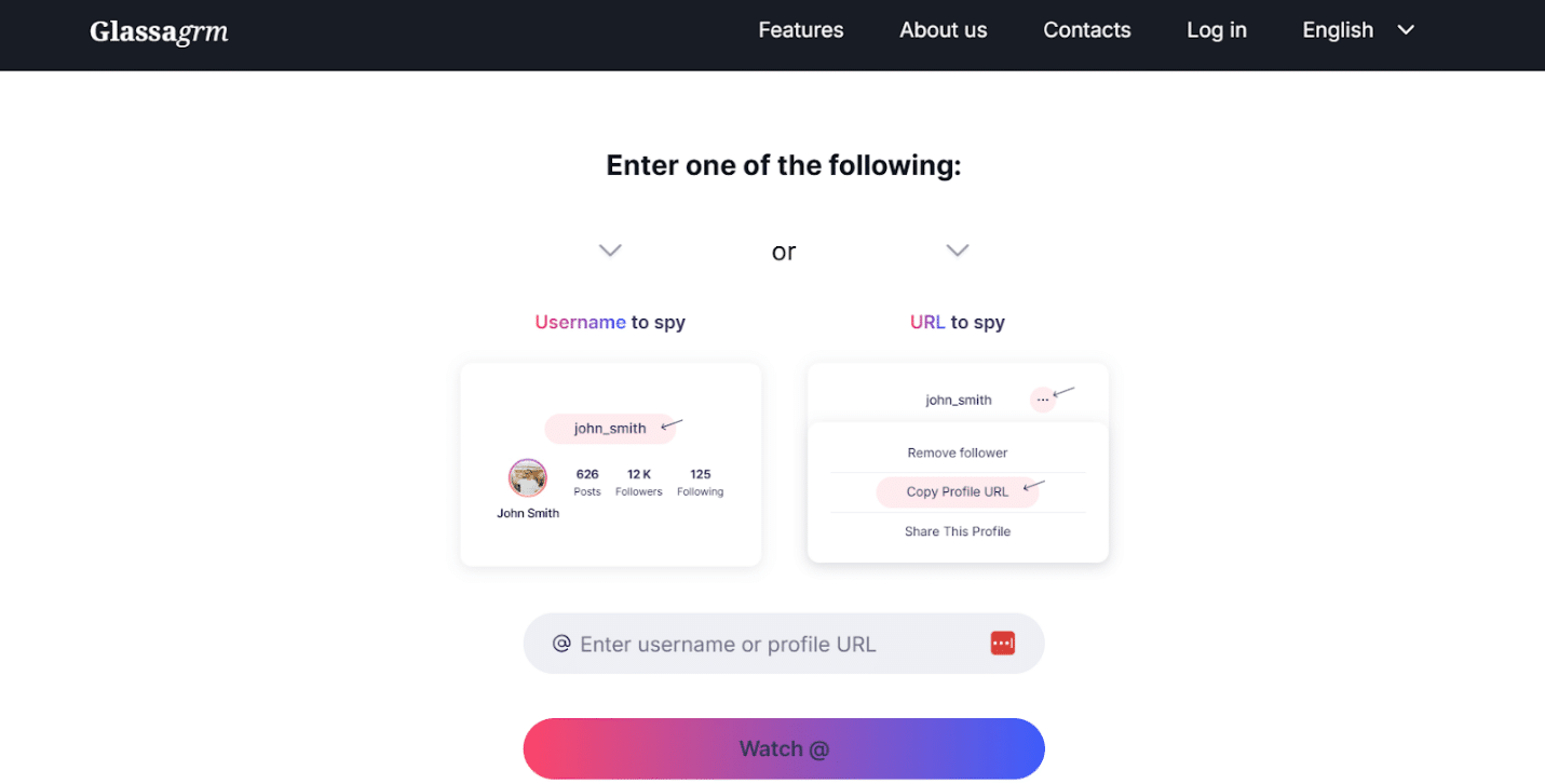 Creating an account with Glassagrm: inserting the target person's account username you want to monitor