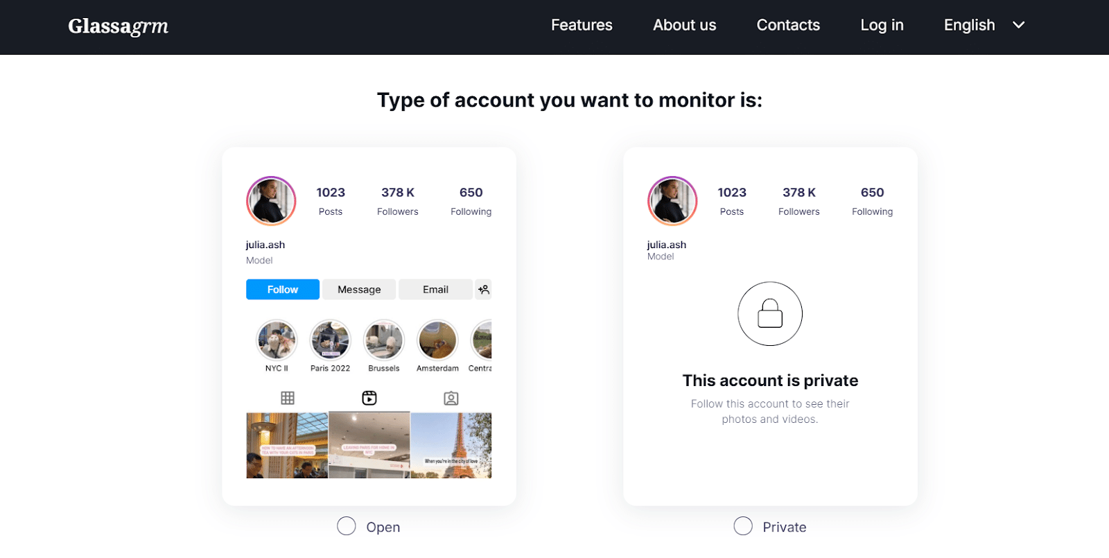 Creating an account with Glassagrm: selecting the type of account you want to monitor