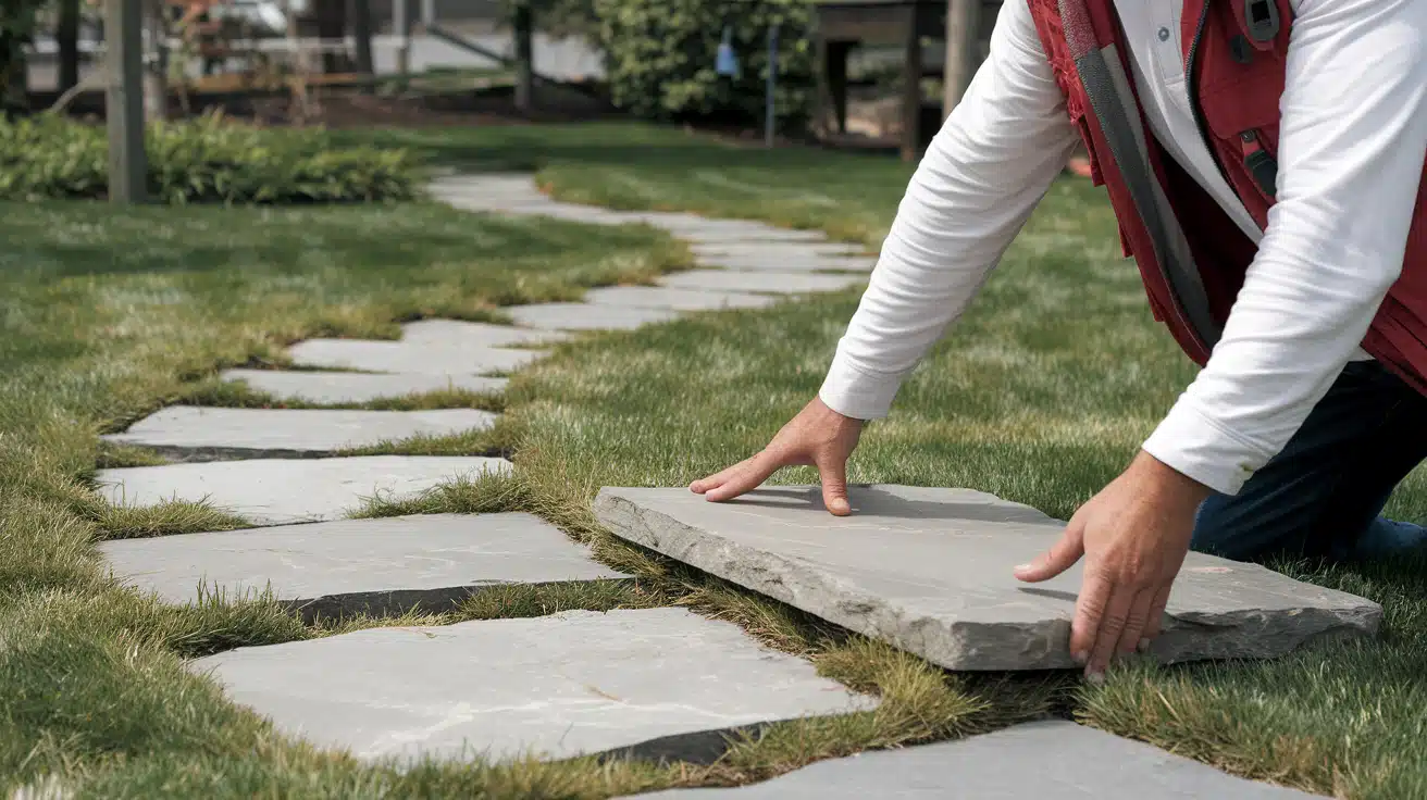 flagstone walkway in grass