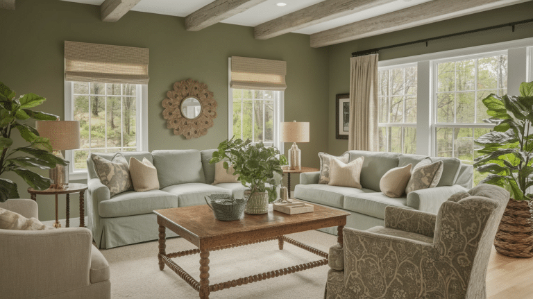 rustic sage green living room
