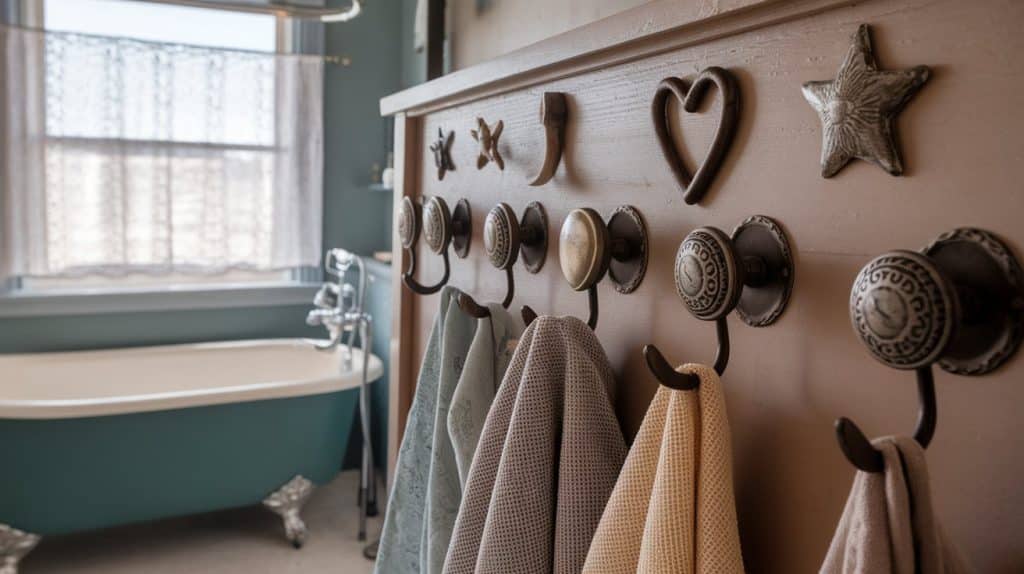 Decorative Towel Hooks or Vintage Knobs Mounted on Walls