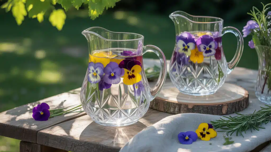 Edible Flower Ice Cubes in Crystal Pitchers