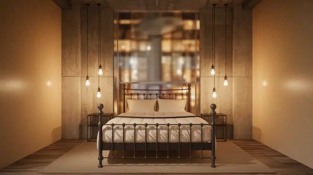 Industrial Beige Bedroom with Metal and Concrete Elements
