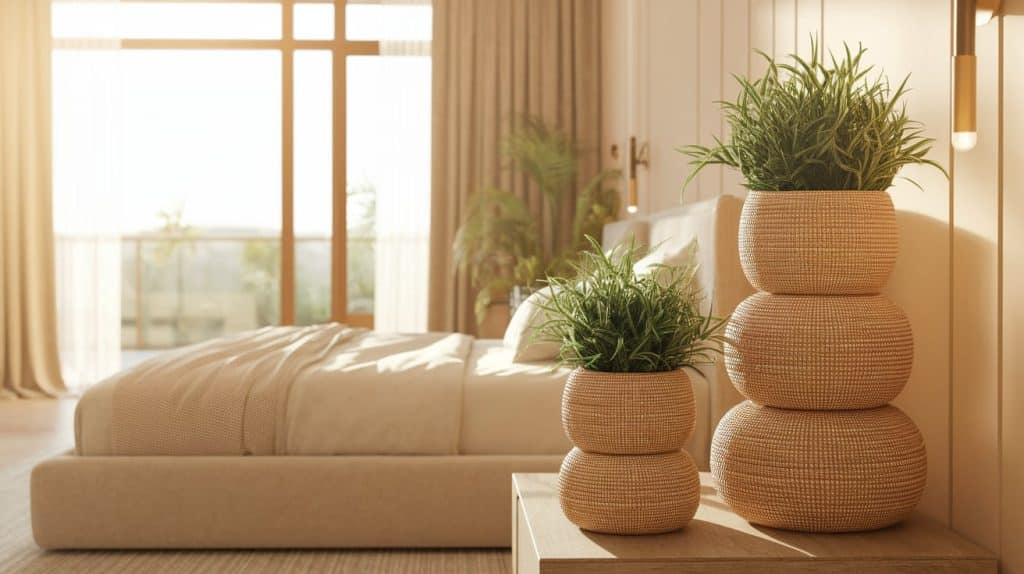 Modern Beige Bedroom Featuring Woven Baskets and Natural Textures