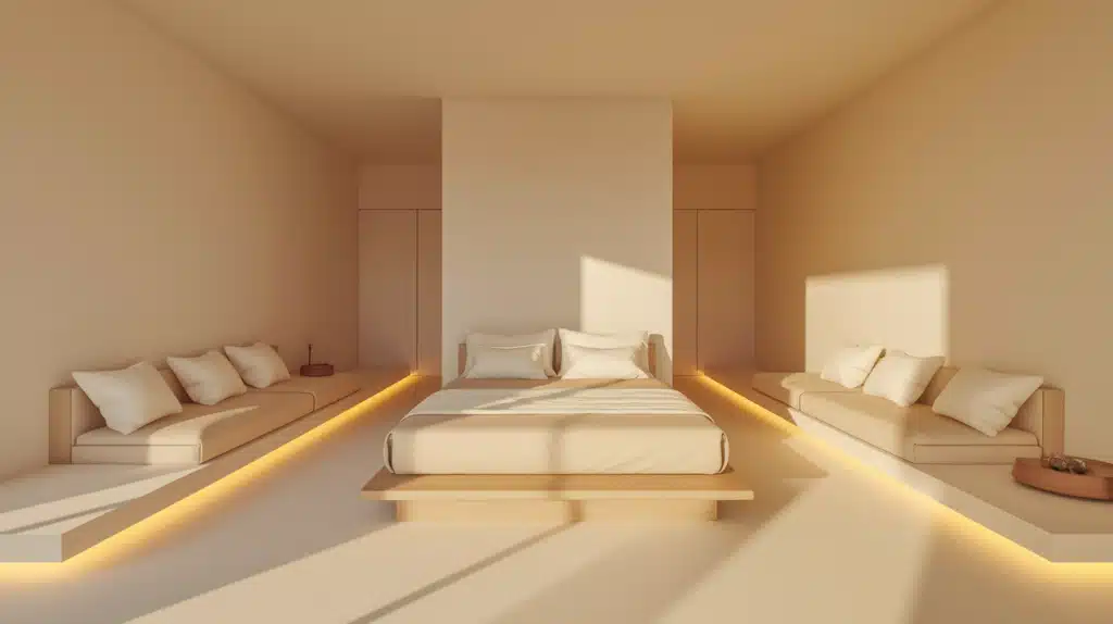 Modern Beige Bedroom with Minimalist Scandinavian Furniture
