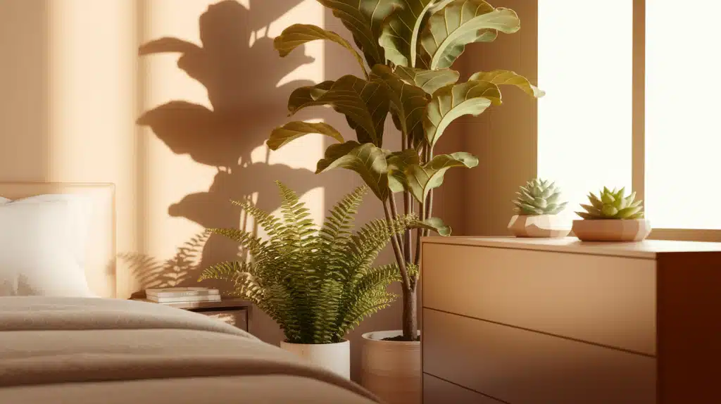  Neutral Beige Bedroom with Pops of Green (Plants)