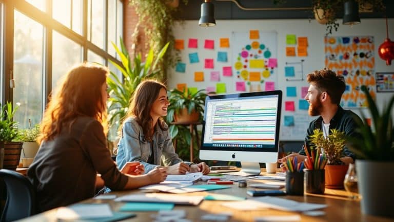 A vibrant entrepreneurial workspace with two women and one man facing each other