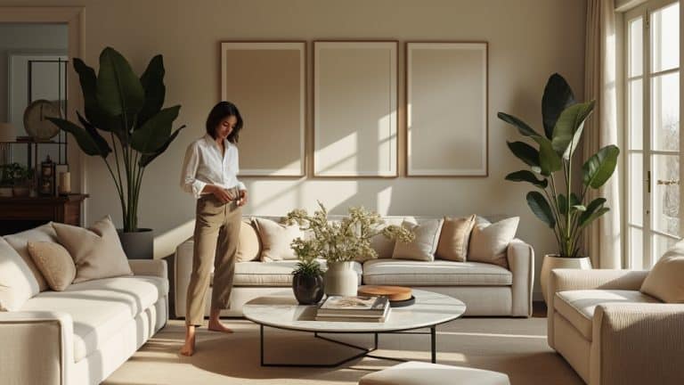 A stylish woman standing in a sunlit living room