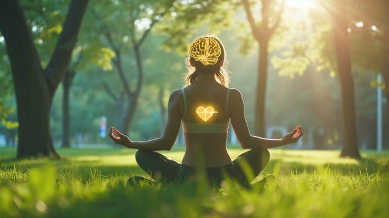 A woman doing a seated yoga pose in a park