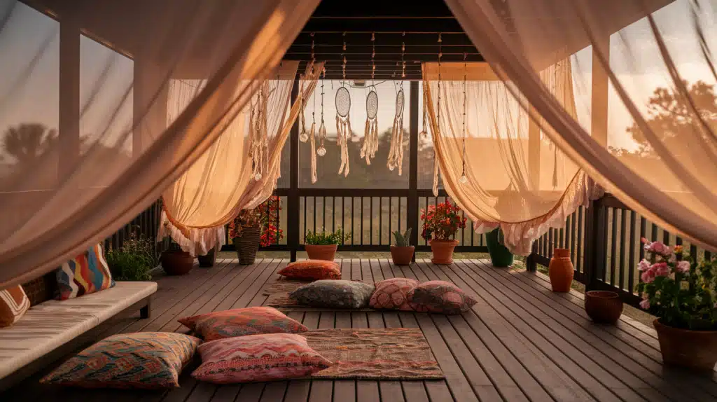 Boho-Style Deck with Curtains and Hanging Lights
