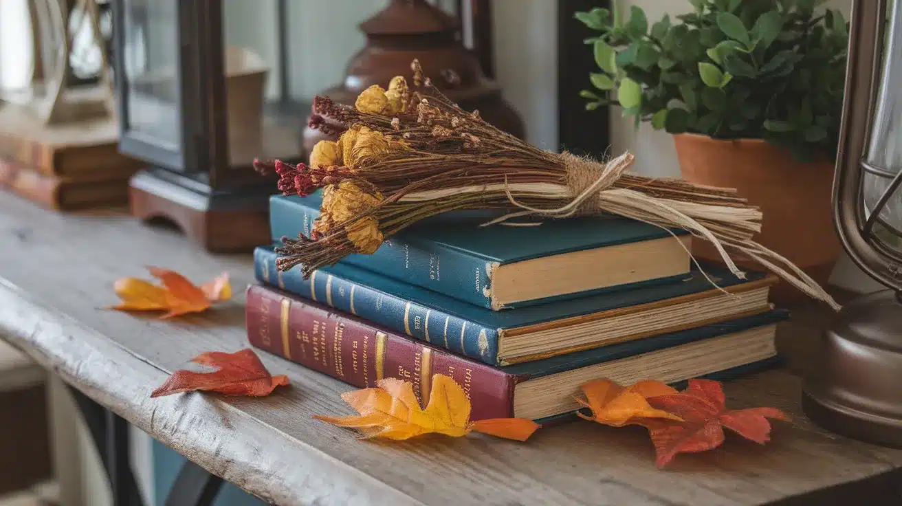 Old_Books_with_Raffia-Tied_Bundles_and_Fall_Leaves