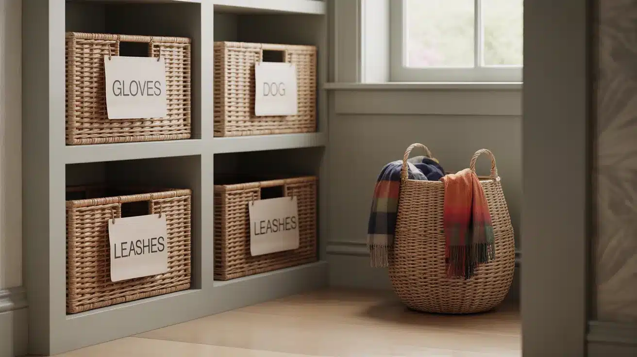 Use_Decorative_Baskets_to_Hide_Clutter_on_Open_Shelves