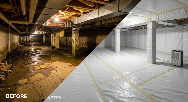 Before and After Crawl Space Vapor Barrier Results