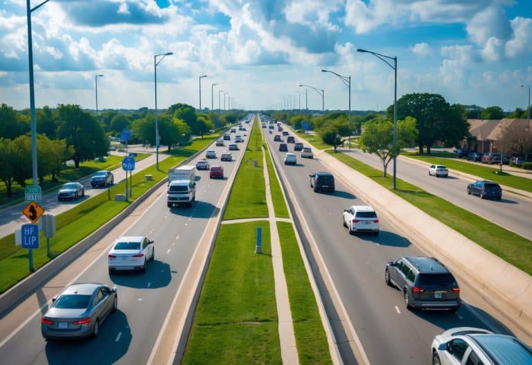 A busy suburban road in Katy, Texas, with multiple vehicles driving along lanes lined by trees and streetlights under a partly cloudy sky.