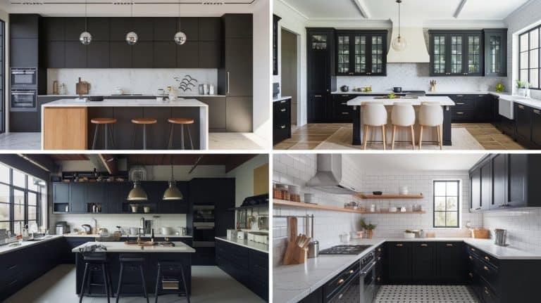 black kitchen cabinets with white countertops