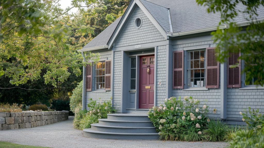 burgundy door shutters house