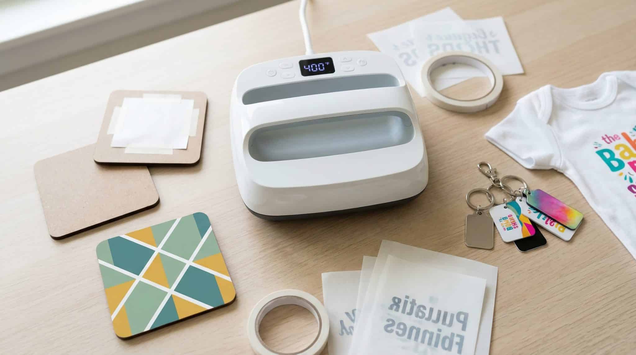 Overhead view of a mini heat press workspace with sublimation coasters, baby bodysuit, and keychains