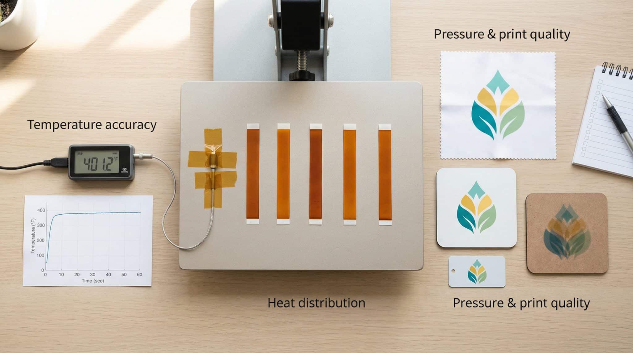Overhead view of mini heat press testing setup with thermocouple, heat strips, and sublimation samples