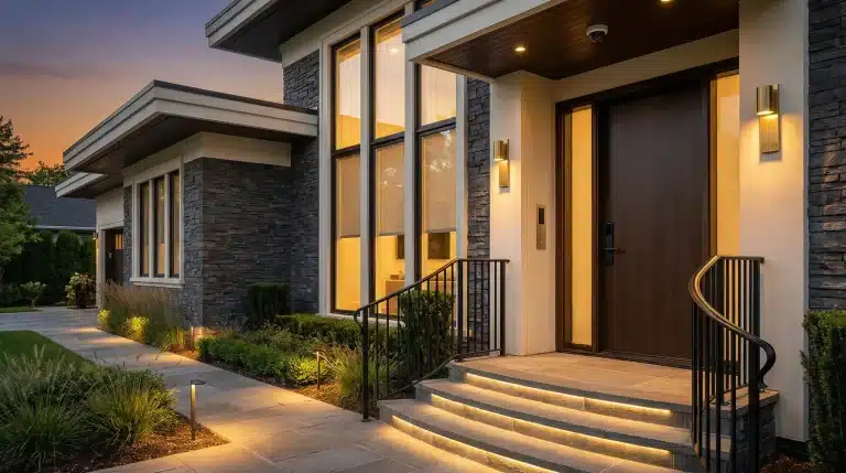 Modern house exterior with large windows and stone facade, illuminated at sunset with pathway lights